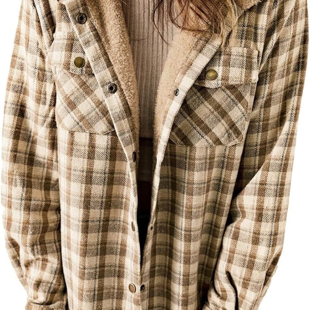 Womens Plaid Shacket Jacket Long Sleeve Button Down Fleece Hooded Jackets Warm C